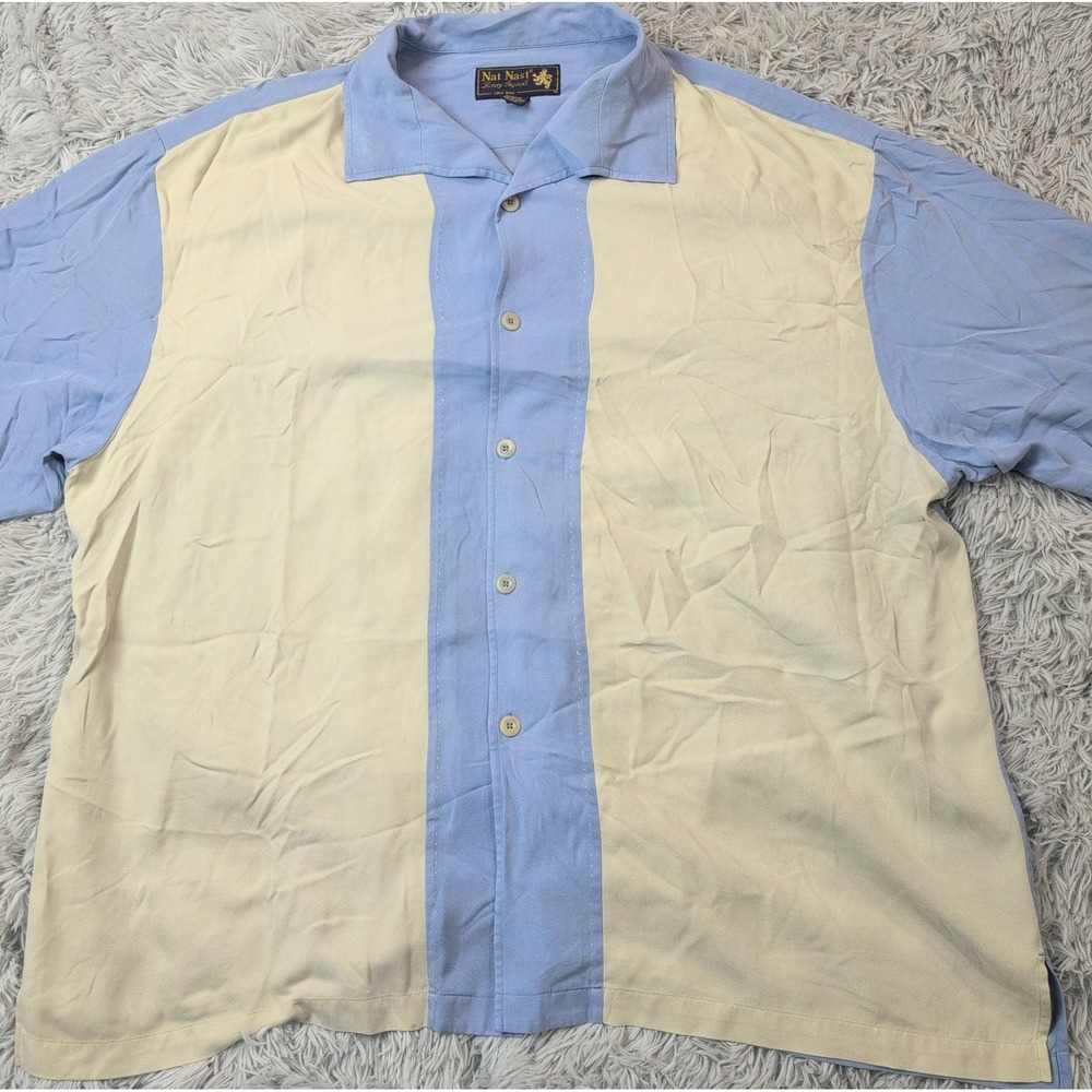 Nat Nast Shirt Mens XXL Blue Silk Button Up Casual Preppy Comfort Logo